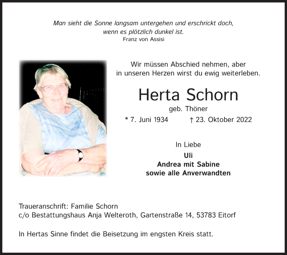  Traueranzeige für Herta Schorn vom 29.10.2022 aus Kölner Stadt-Anzeiger / Kölnische Rundschau / Express