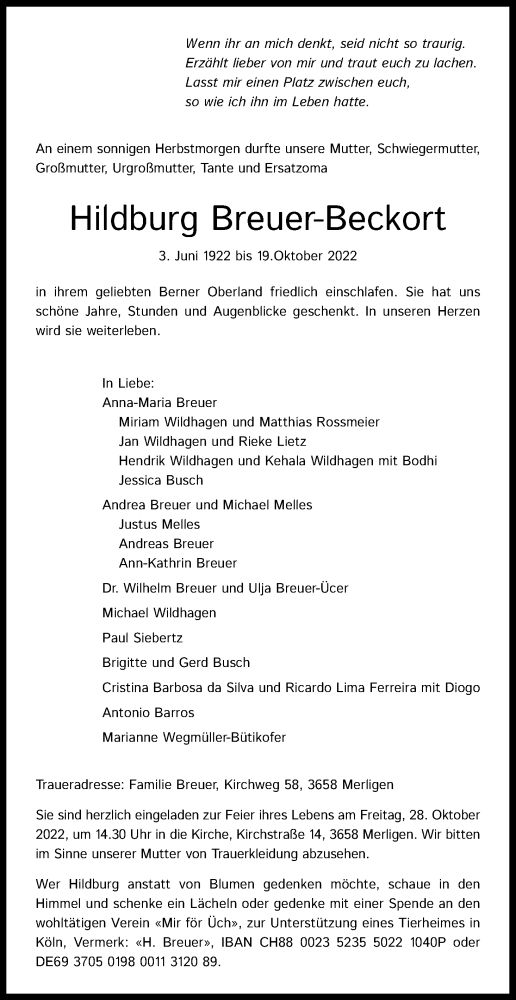 Anzeige von Hildburg Breuer-Beckort von Kölner Stadt-Anzeiger / Kölnische Rundschau / Express