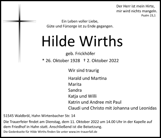 Anzeige von Hilde Wirths von  Lokalanzeiger 
