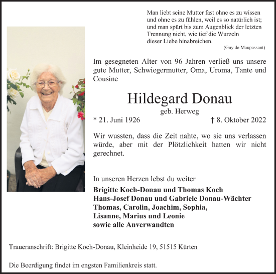 Anzeige von Hildegard Donau von Kölner Stadt-Anzeiger / Kölnische Rundschau / Express