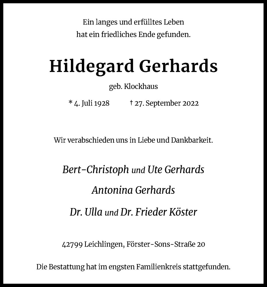  Traueranzeige für Hildegard Gerhards vom 08.10.2022 aus Kölner Stadt-Anzeiger / Kölnische Rundschau / Express
