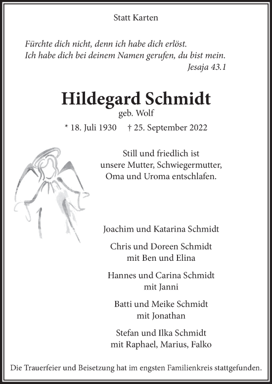 Anzeige von Hildegard Schmidt von  Anzeigen Echo 