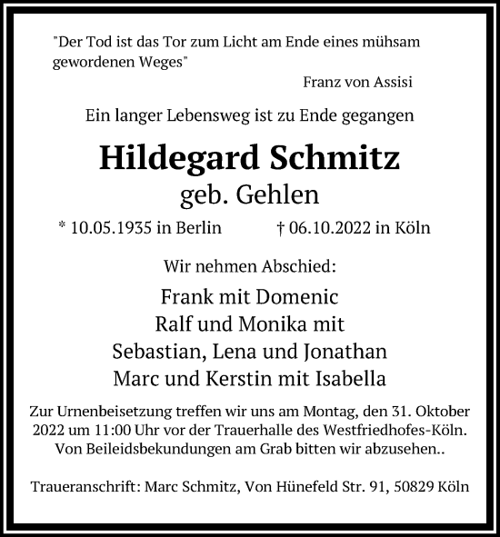 Anzeige von Hildegard Schmitz von Kölner Stadt-Anzeiger / Kölnische Rundschau / Express