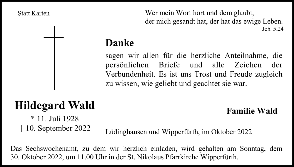  Traueranzeige für Hildegard Wald vom 29.10.2022 aus Kölner Stadt-Anzeiger / Kölnische Rundschau / Express