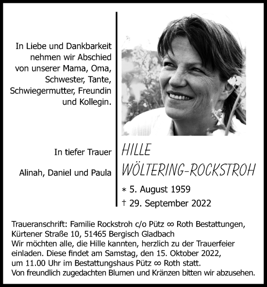 Anzeige von Hille Wöltering-Rockstroh von Kölner Stadt-Anzeiger / Kölnische Rundschau / Express
