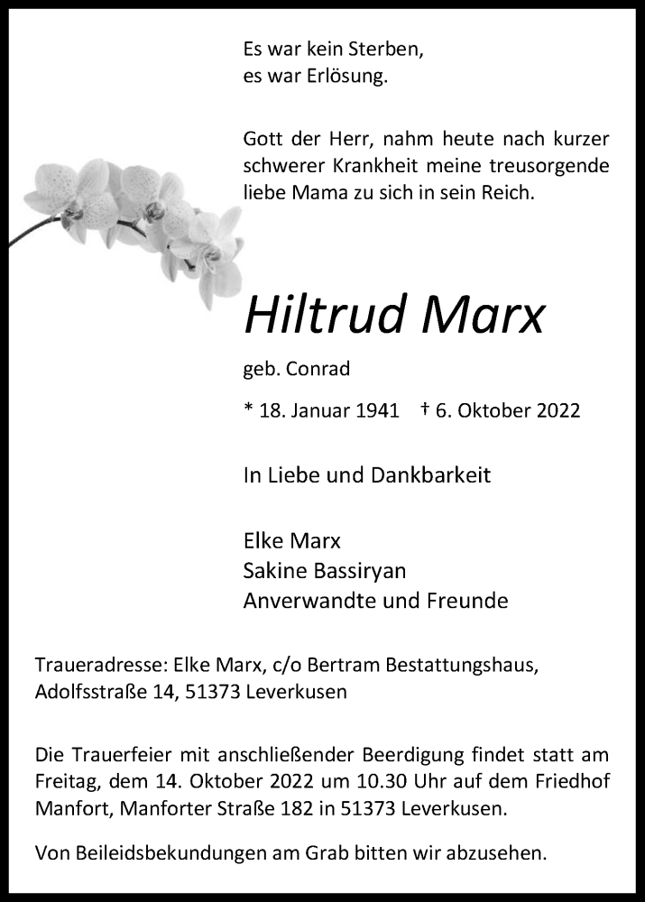  Traueranzeige für Hiltrud Marx vom 12.10.2022 aus Kölner Stadt-Anzeiger / Kölnische Rundschau / Express