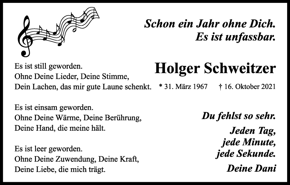  Traueranzeige für Holger Schweitzer vom 22.10.2022 aus Kölner Stadt-Anzeiger / Kölnische Rundschau / Express
