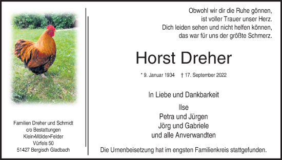 Anzeige von Horst Dreher von Kölner Stadt-Anzeiger / Kölnische Rundschau / Express