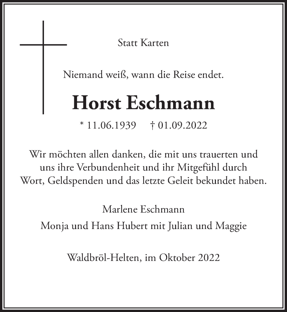  Traueranzeige für Horst Eschmann vom 14.10.2022 aus  Lokalanzeiger 