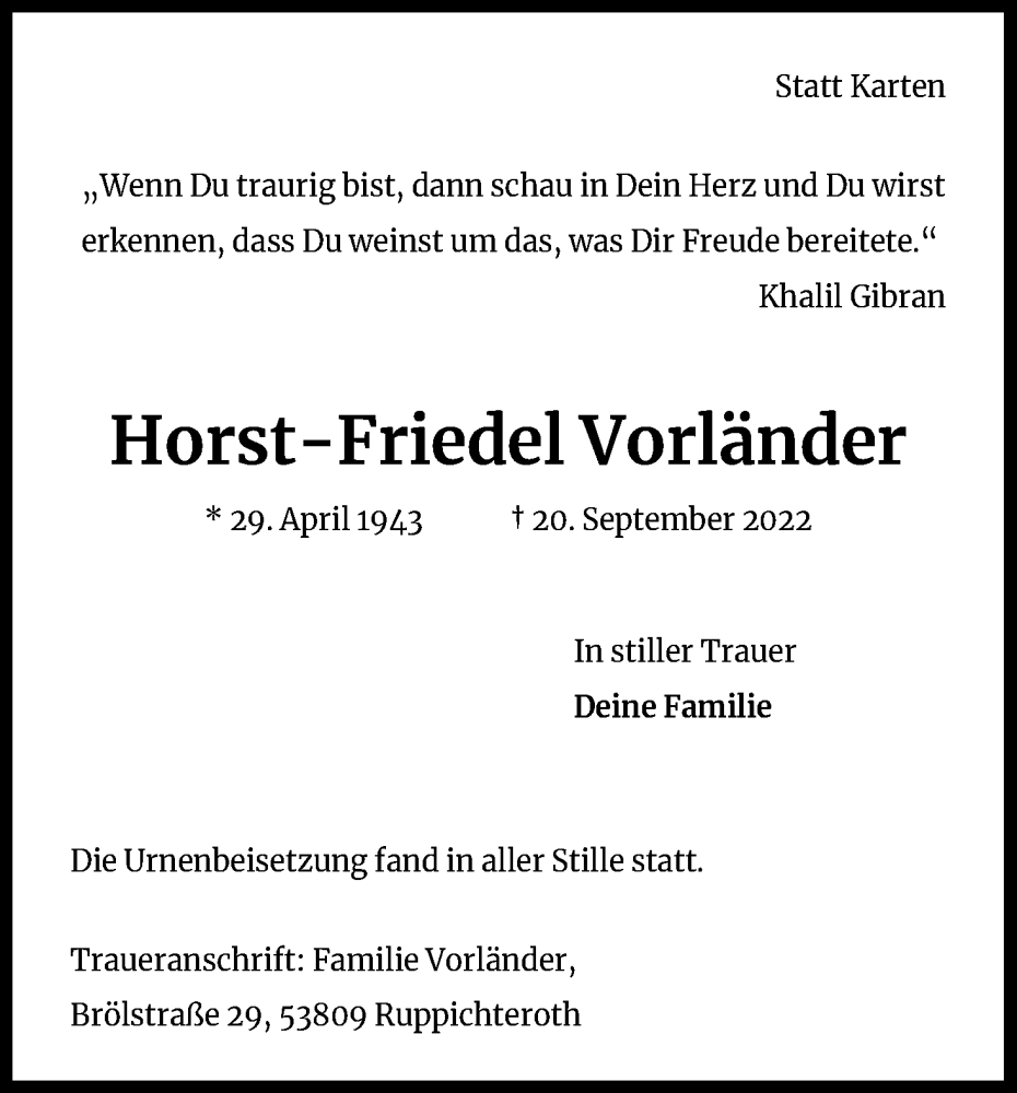  Traueranzeige für Horst-Friedel Vorländer vom 22.10.2022 aus Kölner Stadt-Anzeiger / Kölnische Rundschau / Express