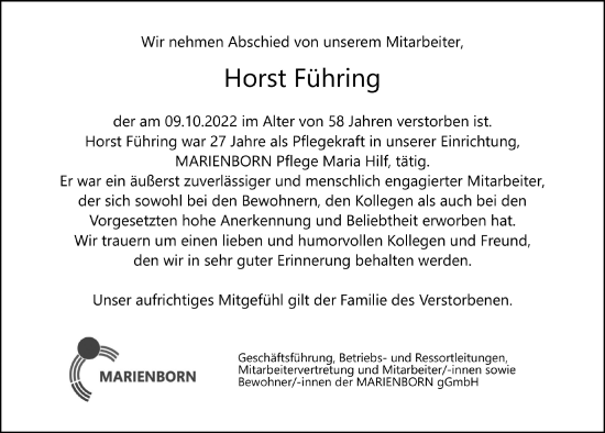 Anzeige von Horst Führing von  Schaufenster/Blickpunkt 