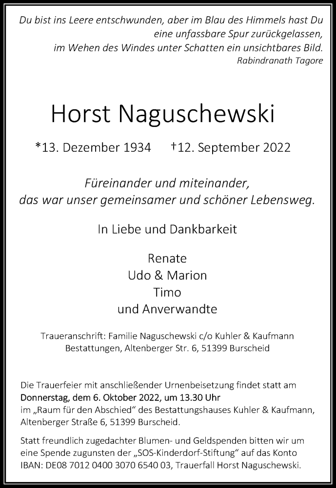  Traueranzeige für Horst Naguschewski vom 01.10.2022 aus Kölner Stadt-Anzeiger / Kölnische Rundschau / Express