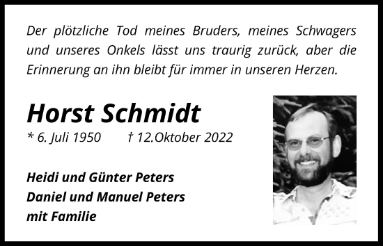 Anzeige von Horst Schmidt von Kölner Stadt-Anzeiger / Kölnische Rundschau / Express