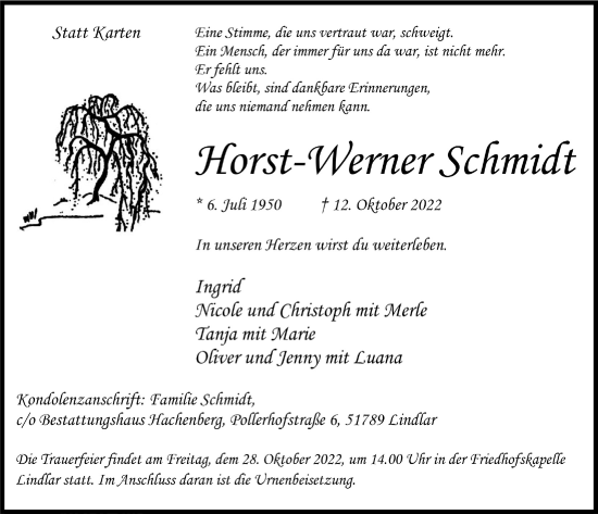 Anzeige von Horst-Werner Schmidt von  Anzeigen Echo 