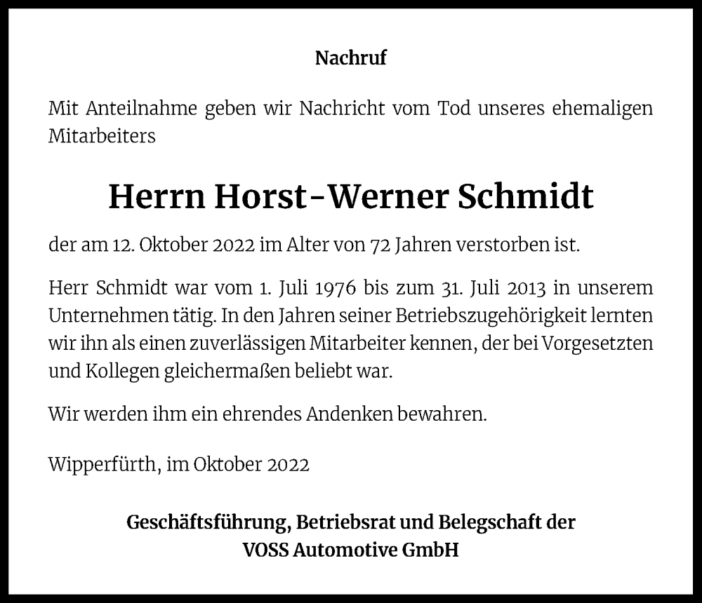  Traueranzeige für Horst-Werner Schmidt vom 26.10.2022 aus Kölner Stadt-Anzeiger / Kölnische Rundschau / Express
