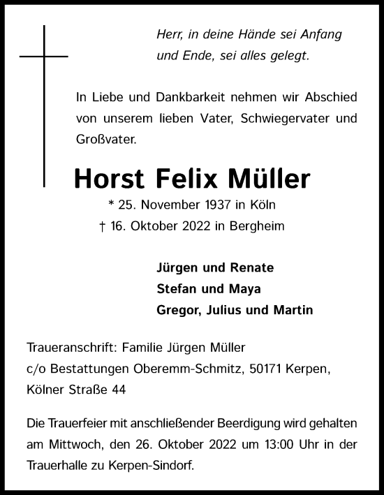 Anzeige von Horst Felix Müller von Kölner Stadt-Anzeiger / Kölnische Rundschau / Express