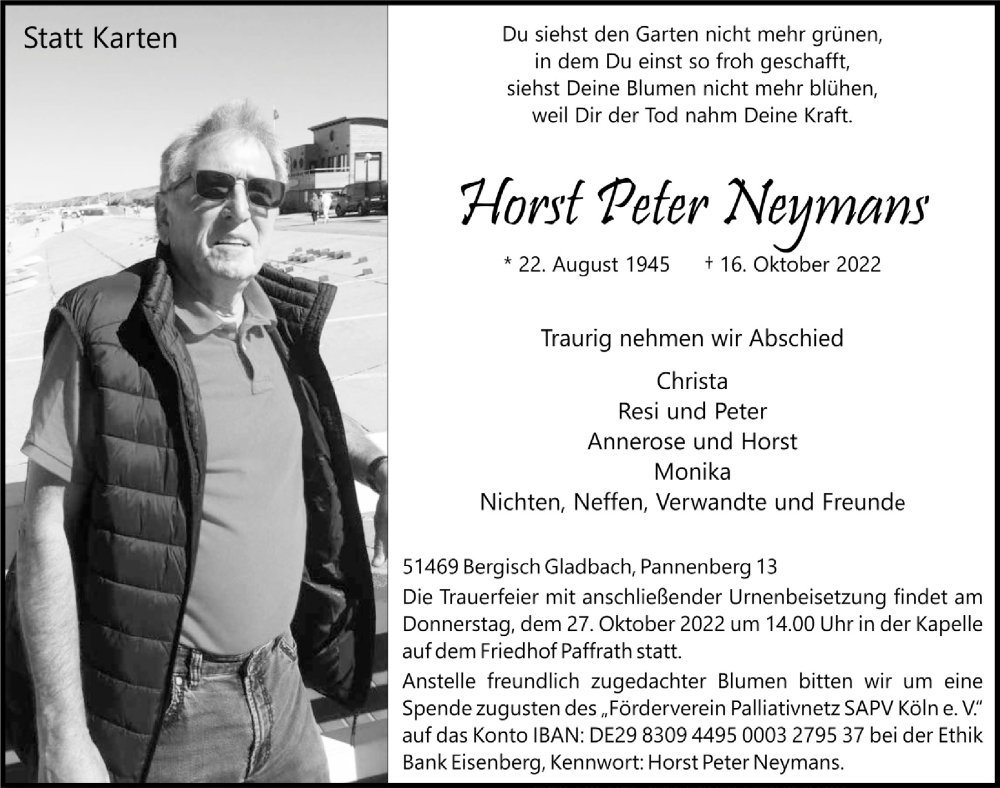  Traueranzeige für Horst Peter Neymans vom 21.10.2022 aus  Bergisches Handelsblatt 