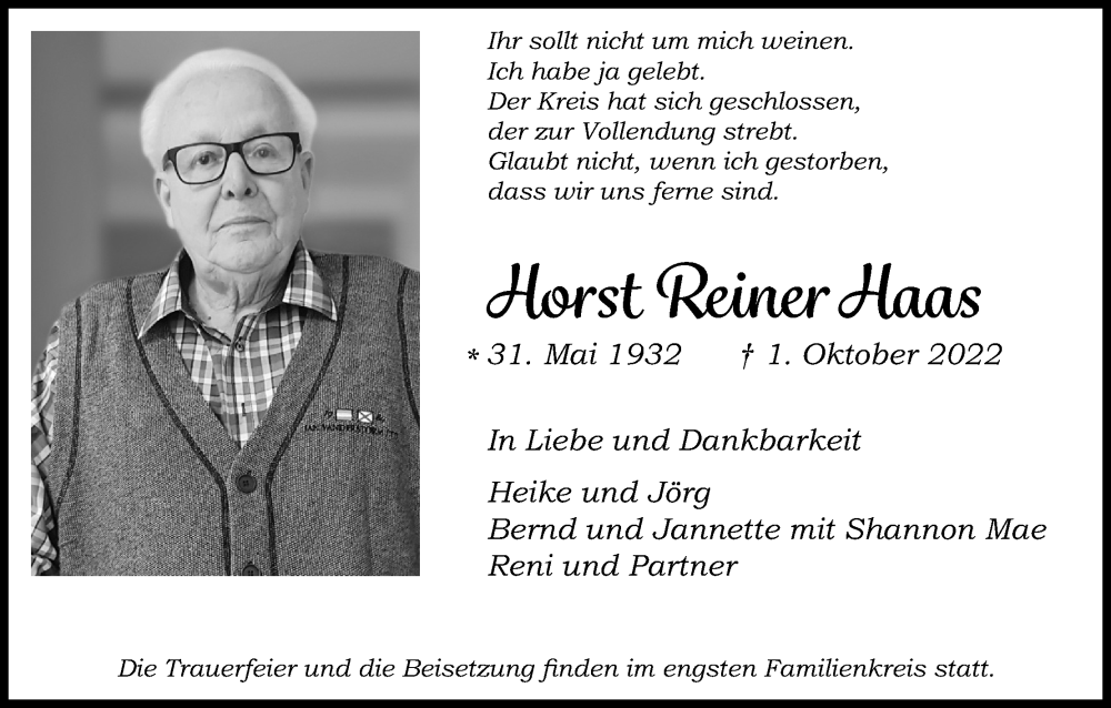  Traueranzeige für Horst Reiner Haas vom 12.10.2022 aus Kölner Stadt-Anzeiger / Kölnische Rundschau / Express