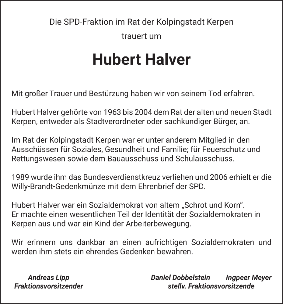  Traueranzeige für Hubert Halver vom 28.10.2022 aus  Werbepost 