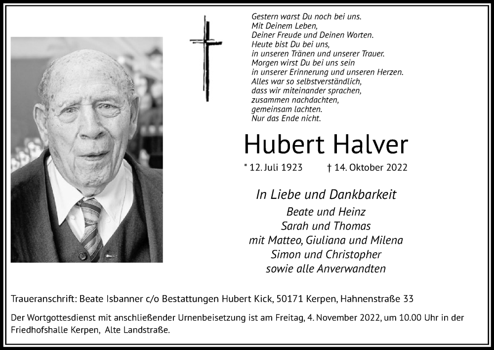  Traueranzeige für Hubert Halver vom 29.10.2022 aus Kölner Stadt-Anzeiger / Kölnische Rundschau / Express