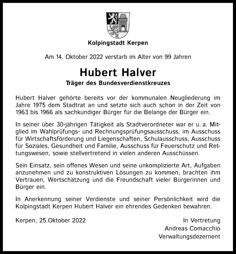 Traueranzeige für Hubert Halver vom 29.10.2022 aus Kölner Stadt-Anzeiger / Kölnische Rundschau / Express