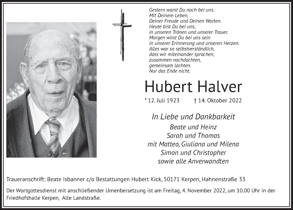  Traueranzeige für Hubert Halver vom 28.10.2022 aus  Werbepost 