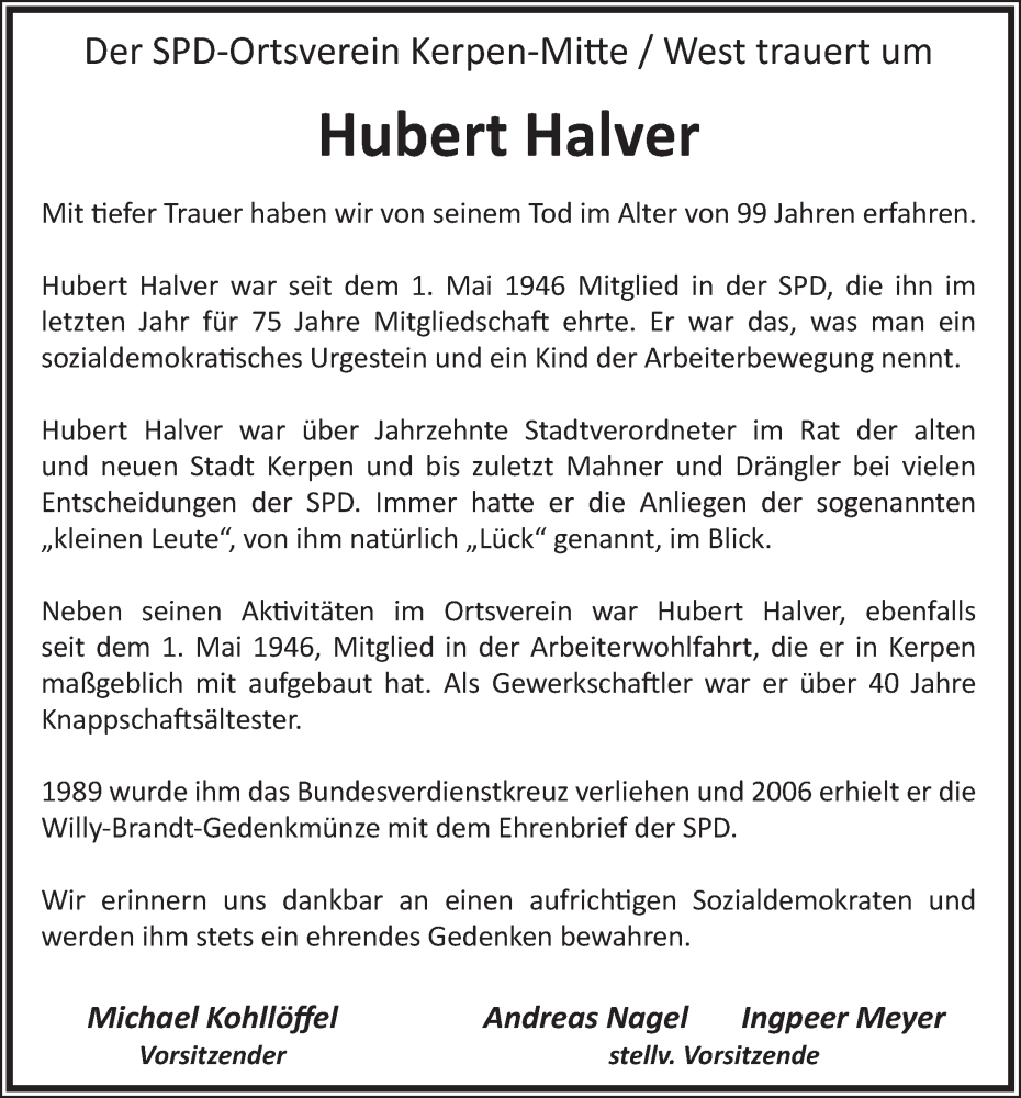  Traueranzeige für Hubert Halver vom 28.10.2022 aus  Werbepost 