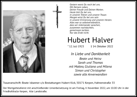 Anzeige von Hubert Halver von Kölner Stadt-Anzeiger / Kölnische Rundschau / Express
