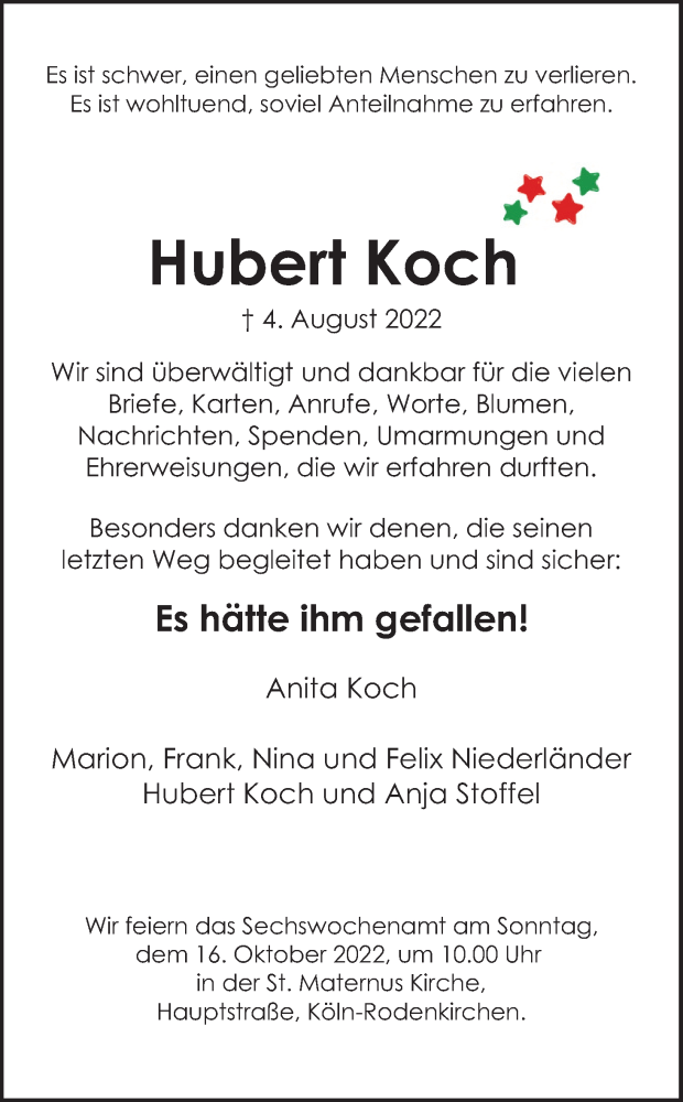  Traueranzeige für Hubert Koch vom 01.10.2022 aus Kölner Stadt-Anzeiger / Kölnische Rundschau / Express