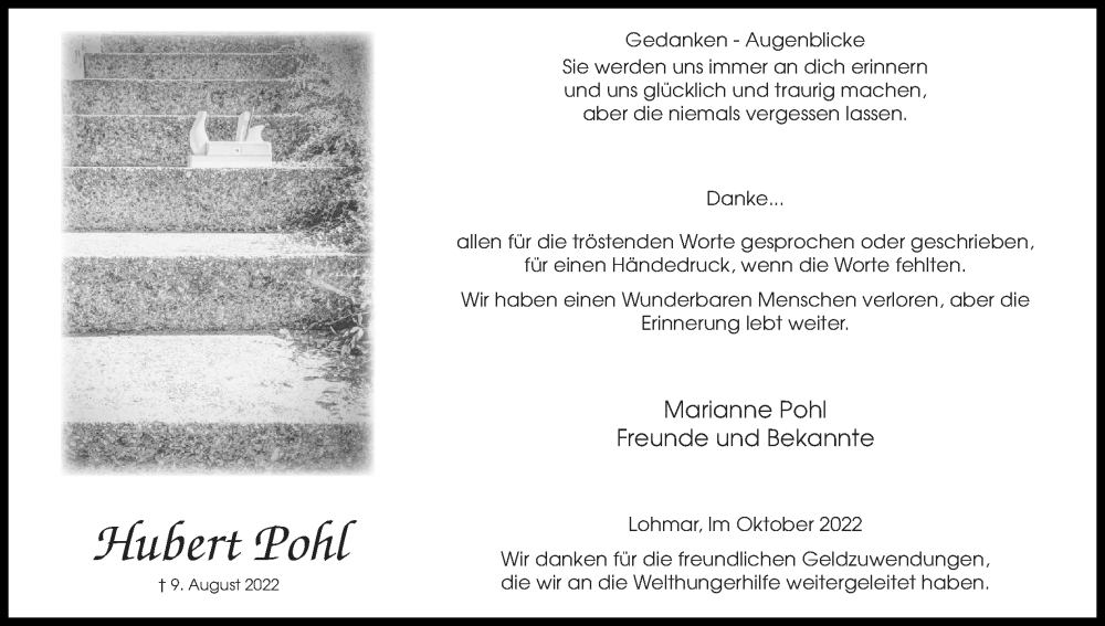 Traueranzeige für Hubert Pohl vom 08.10.2022 aus Kölner Stadt-Anzeiger / Kölnische Rundschau / Express