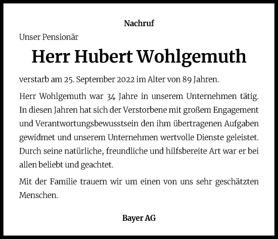 Anzeige von Hubert Wohlgemuth von Kölner Stadt-Anzeiger / Kölnische Rundschau / Express