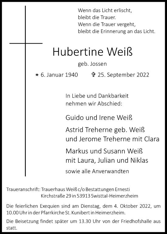 Anzeige von Hubertine Weiß von Kölner Stadt-Anzeiger / Kölnische Rundschau / Express