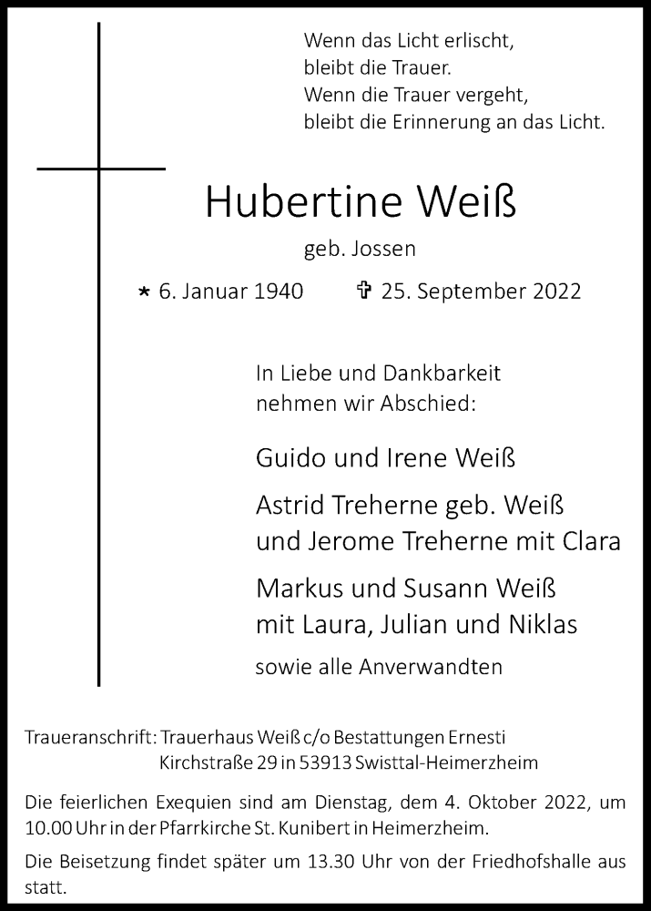  Traueranzeige für Hubertine Weiß vom 01.10.2022 aus Kölner Stadt-Anzeiger / Kölnische Rundschau / Express