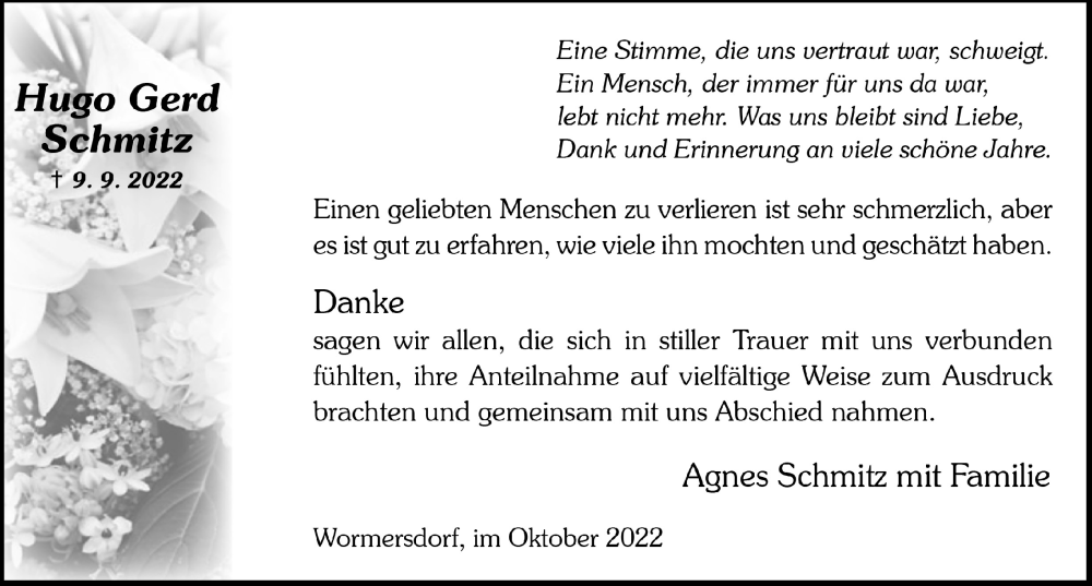  Traueranzeige für Hugo Schmitz vom 28.10.2022 aus  Schaufenster/Blickpunkt 