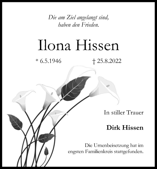 Anzeige von Ilona Hissen von Kölner Stadt-Anzeiger / Kölnische Rundschau / Express