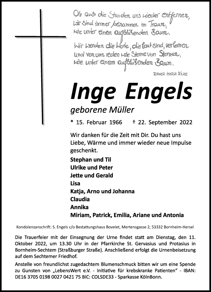  Traueranzeige für Inge Engels vom 08.10.2022 aus Kölner Stadt-Anzeiger / Kölnische Rundschau / Express