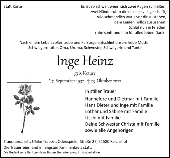Anzeige von Inge Heinz von  Lokalanzeiger 