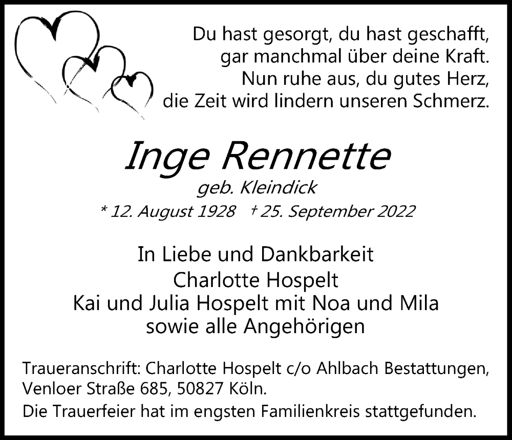  Traueranzeige für Inge Rennette vom 22.10.2022 aus Kölner Stadt-Anzeiger / Kölnische Rundschau / Express