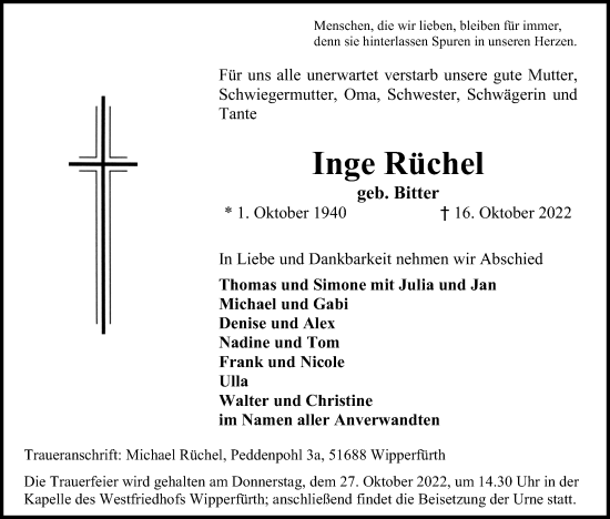 Anzeige von Inge Rüchel von Kölner Stadt-Anzeiger / Kölnische Rundschau / Express