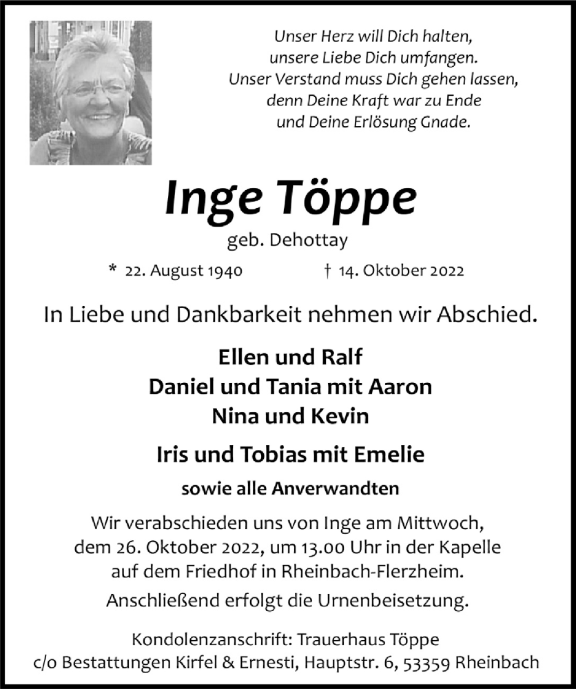  Traueranzeige für Inge Töppe vom 21.10.2022 aus  Schaufenster/Blickpunkt 
