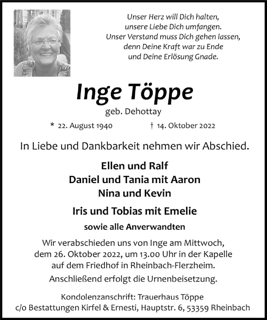 Anzeige von Inge Töppe von  Schaufenster/Blickpunkt 