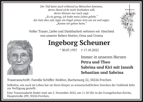Anzeige von Ingeborg Scheuner von  Wochenende 
