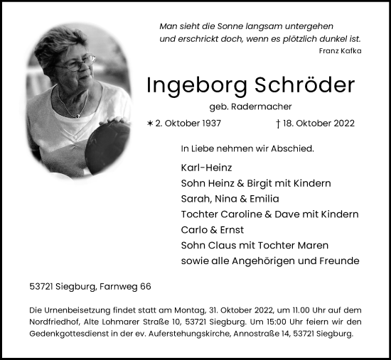 Anzeige von Ingeborg Schröder von Kölner Stadt-Anzeiger / Kölnische Rundschau / Express