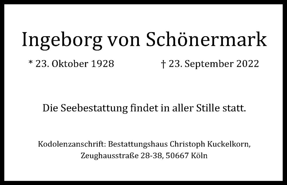  Traueranzeige für Ingeborg  von Schönermark vom 01.10.2022 aus Kölner Stadt-Anzeiger / Kölnische Rundschau / Express