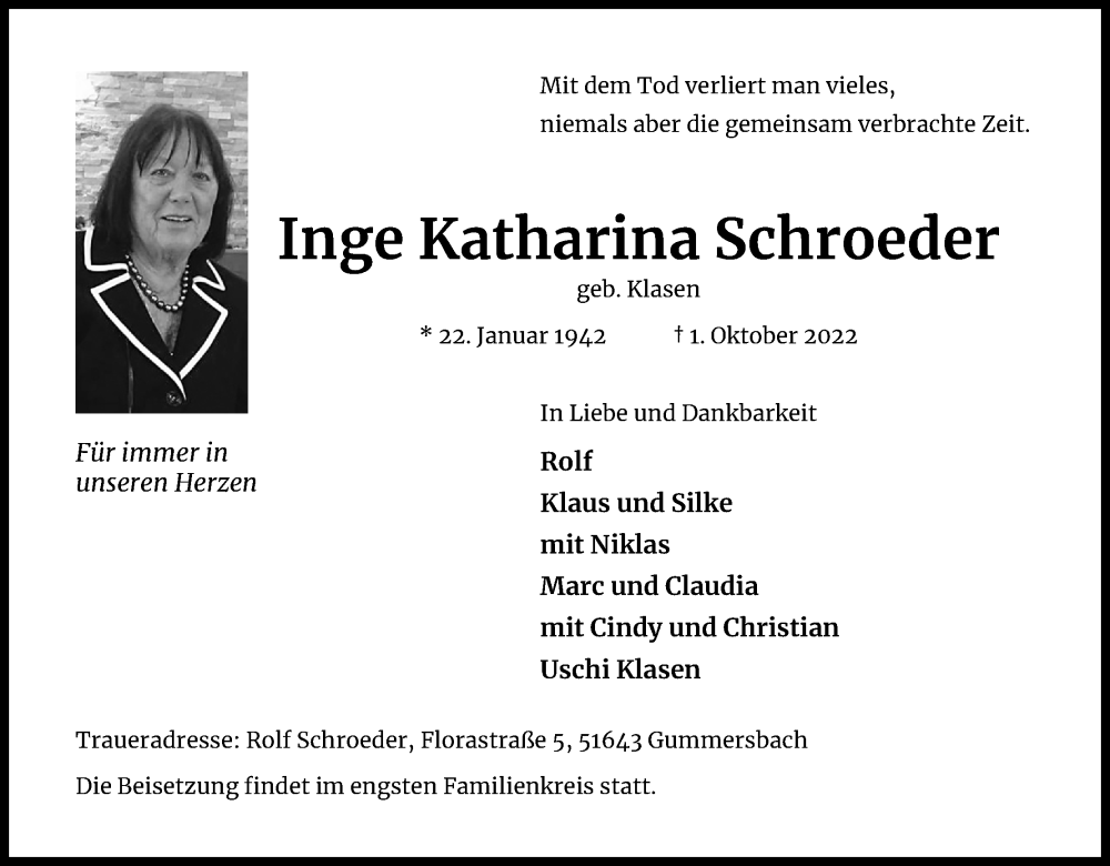  Traueranzeige für Inge Katharina Schroeder vom 15.10.2022 aus Kölner Stadt-Anzeiger / Kölnische Rundschau / Express