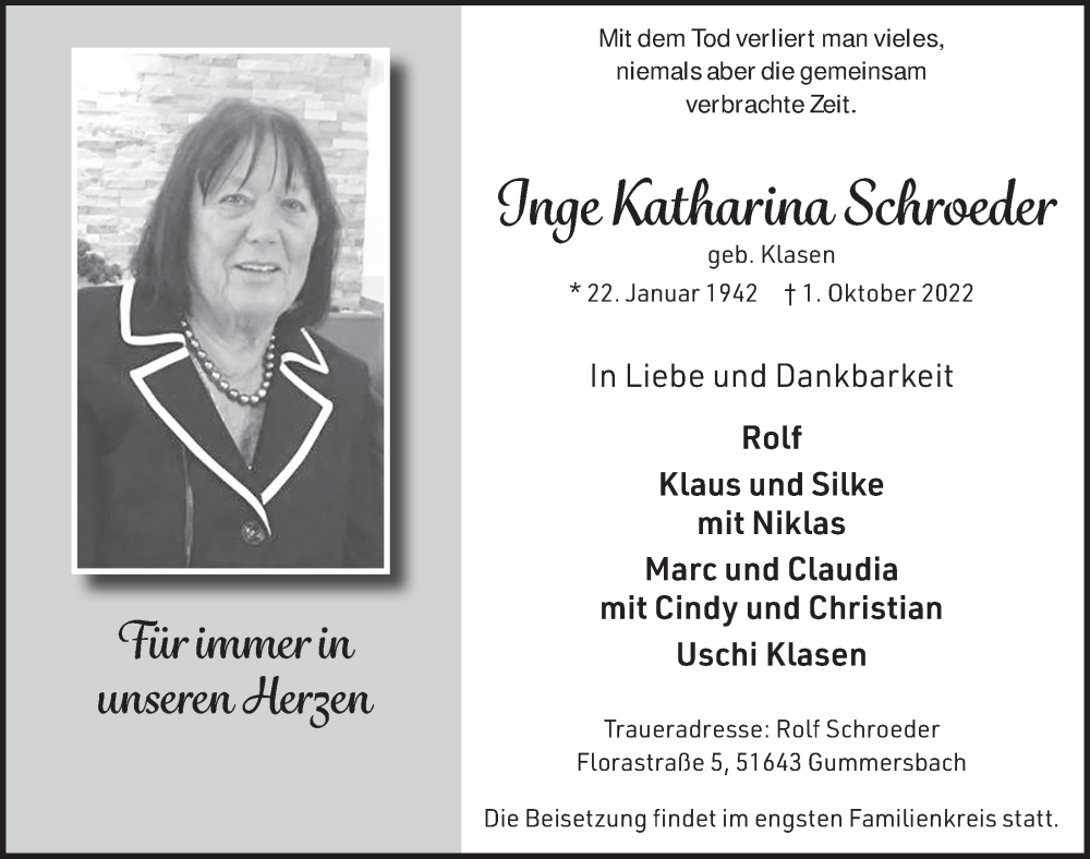  Traueranzeige für Inge Katharina Schroeder vom 14.10.2022 aus  Anzeigen Echo 