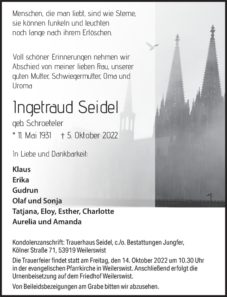  Traueranzeige für Ingetraud Seidel vom 08.10.2022 aus  Blickpunkt Euskirchen 