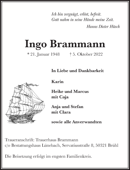 Anzeige von Ingo Brammann von  Schlossbote/Werbekurier 