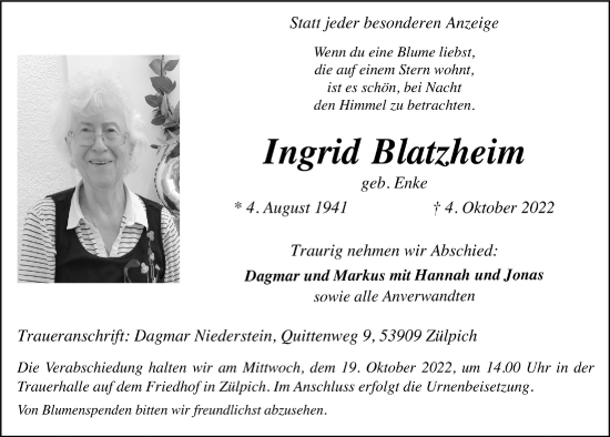 Anzeige von Ingrid Blatzheim von  Blickpunkt Euskirchen 