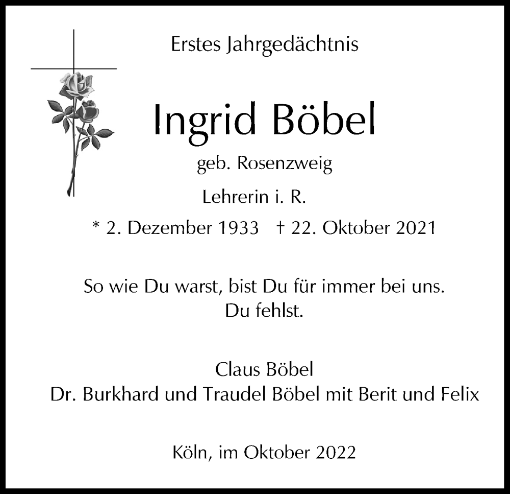  Traueranzeige für Ingrid Böbel vom 22.10.2022 aus Kölner Stadt-Anzeiger / Kölnische Rundschau / Express